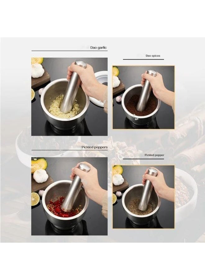 هاون ومدقة من الفولاذ المقاوم للصدأ، مطحنة مطبخ صلبة مصبوبة مع غطاء وقاعدة ثابتة لسحق التوابل والأعشاب والثوم يوميًا - Image 3